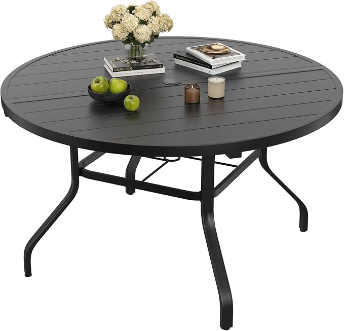 Round Outdoor Patio Dining Table, 47" Round Patio Table with 1.57" Umbrella Hole, Metal Outdoor Dining Tables for Patio, Graden, Backyard and Poolside