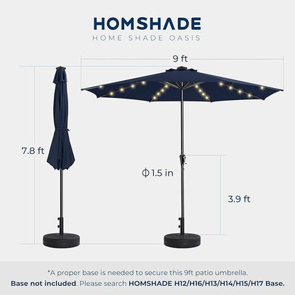HOMSHADE 9ft Solar Patio Umbrella - Solar Lights LED Lighted Outdoor Market Table Umbrella, UPF50+ UV Protection with Push Button Tilt, Crank for Pool Deck and Garden (Navy Blue)