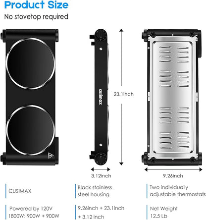 Cusimax Electric Stove, 1800W Infrared Hot Plate, 7 Inch Ceramic Glass Portable Double Burner Cooktop for Dorm Office Home Camp, Compatible w/All Cookware, Heat-up In Seconds-Upgraded Version