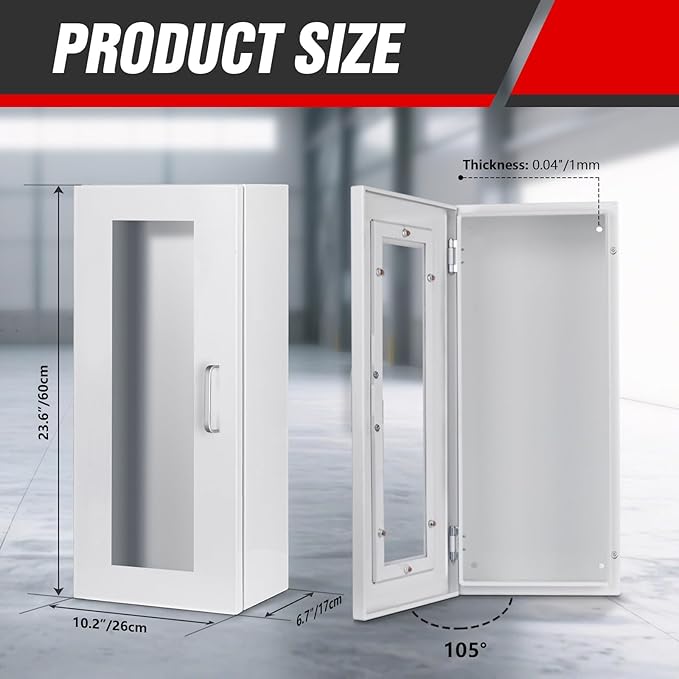 Fire Extinguisher Cabinet Wall with Magnetic Door & Handle for 5-12 pounds Extinguisher, 23.6" H x 10.2" W x 6.7"D White Steel Fire Extinguisher Mount for Indoor Outdoor with Full Clear Acrylic Door