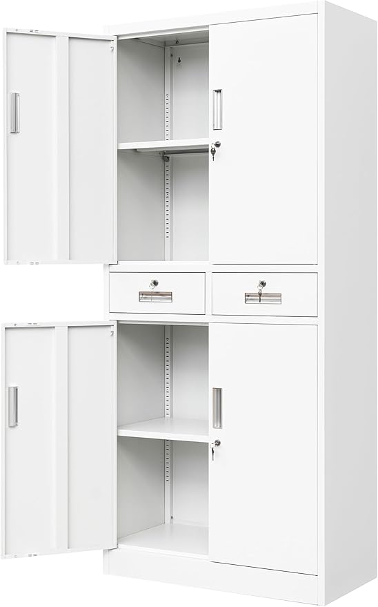 Wanfu Metal Storage Cabinet, Locking Storage Cabinet with Adjustable Shelves and 2 Drawers, 16" D x 32" W x 71" H Steel Cabinets for Office, Garage, Home, Classroom, Utility Room(White)
