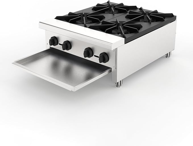 Commercial 4-Burner Stove, Natural Gas Propane-Ready Countertop Range, Stainless Steel Hot Plate, 112,000 BTU Restaurant Kitchen Cooktop, Independent Controls, Removable Drip Tray, Cast Iron Grates
