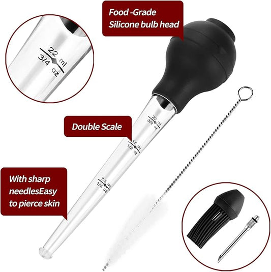 DIMESHY Turkey Baster Food Grade for Cooking & Basting, Detachable Round Bulb, Baster Cooking Good for Meat Poultry Beef Chicken, with Cleaning brush, inject needle, Basting brush