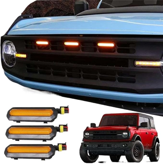 Front LED Grille Lights Kit Compatible With Bronco 2021 2022 2023 2-Door And 4-Door Amber