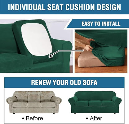 H.VERSAILTEX High Stretch Sofa Slipcover 4 Piece Cover Velvet Furniture Protector Form Fit Thick Velvet Extra Large Sofa Cover for 3 Cushion Couch Width Up to 97 Inch (Large Sofa, Green)