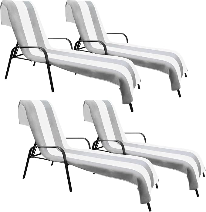 Superior Cabana Cotton Lounge Chair Cover, Outdoor Towel/Chaise Furniture Covers, Terry Cloth, Beach, Spa, Swim Accessories, Pool Chair Cover, Soft, Quick Drying, 32" x 102", Set of 4, Light Grey