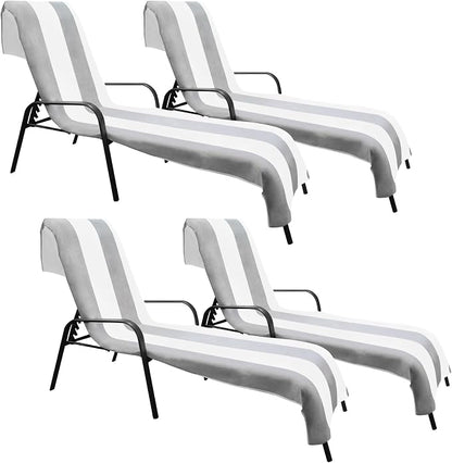 Superior Cabana Cotton Lounge Chair Cover, Outdoor Towel/Chaise Furniture Covers, Terry Cloth, Beach, Spa, Swim Accessories, Pool Chair Cover, Soft, Quick Drying, 32" x 102", Set of 4, Light Grey