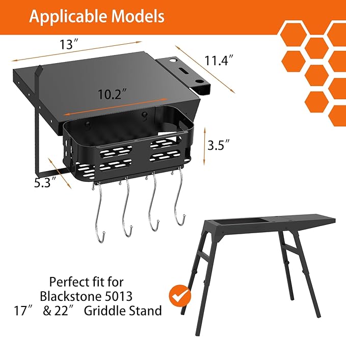 Side Shelf and Grill Caddy for Blackstone 17" & 22" Griddle Stand, Accessories With Tool Hooks, Paper Towel Holder and Spatula Holder for Blackstone 5013 Stand