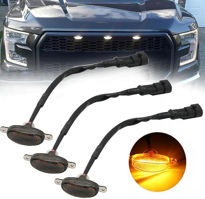 compatible with Amber LED Lights 3PCS Front Grill Lamps Car Accessories with Harness wire,Yellow Lens Compatible with Chevrolet Silverado 1500 2016 2017 2018 2019 2020 2021 Style Grille Trim