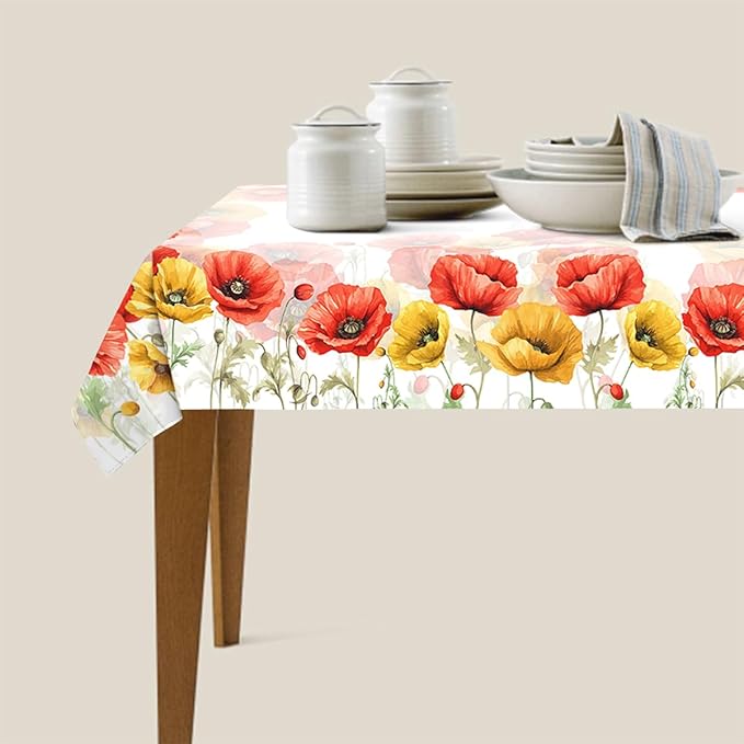 Decorative Rectangle Table Cloths Watercolor Poppy Spring Seasonal Summer Flower Tablecloth Table Cover for Dining/BBQ/Picnic/Coffee Table 52 X 70 Inches