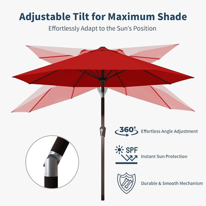 9FT Patio Umbrella with Fiberglass Ribs, Outdoor Market Table Umbrella with Crank and Tilt, UV Resistant Waterproof Canopy for Patio, Garden, Deck, Pool, Red