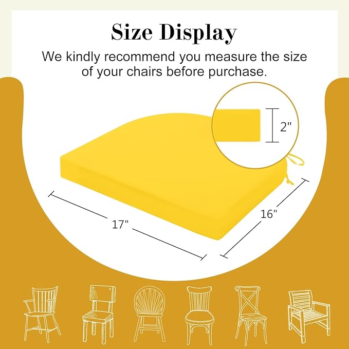 Cozyide Outdoor Chair Cushions, Waterproof Patio Seat Cushions with Adjustable Straps, Round Corner Patio Chair Cushions for Garden, Yellow, 17x16x2 Inch (Pack of 4)