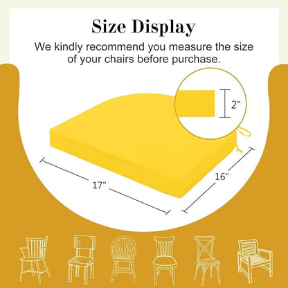 Cozyide Outdoor Chair Cushions, Waterproof Patio Seat Cushions with Adjustable Straps, Round Corner Patio Chair Cushions for Garden, Yellow, 17x16x2 Inch (Pack of 2)
