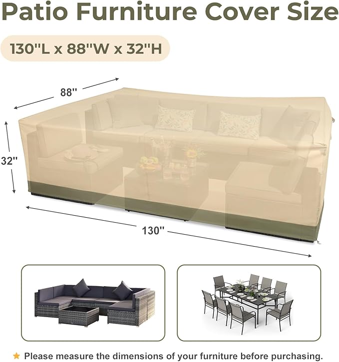 BPS Patio Furniture Cover for Outdoor Table and Chairs, 600D Waterproof and Anti-UV Patio Sectional Set Cover for Outside General Purpose Furniture, 130''L x 88''W x 32''H