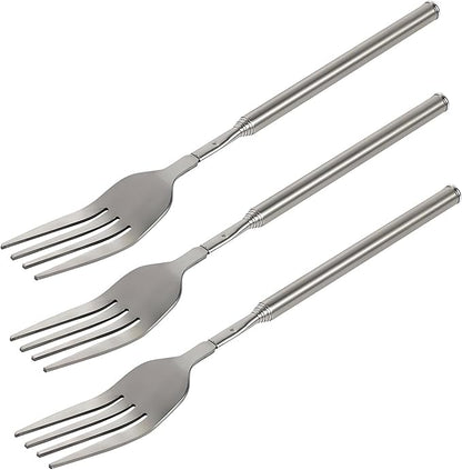 Extendable Fork,8.7 to 25.4 Inch Expandable fork prank,Expandable fork,Telescopic BBQ Fork, Stainless Steel, Extendable Handle,Long Dinner Fruit Dessert Cutlery (3 Pcs)