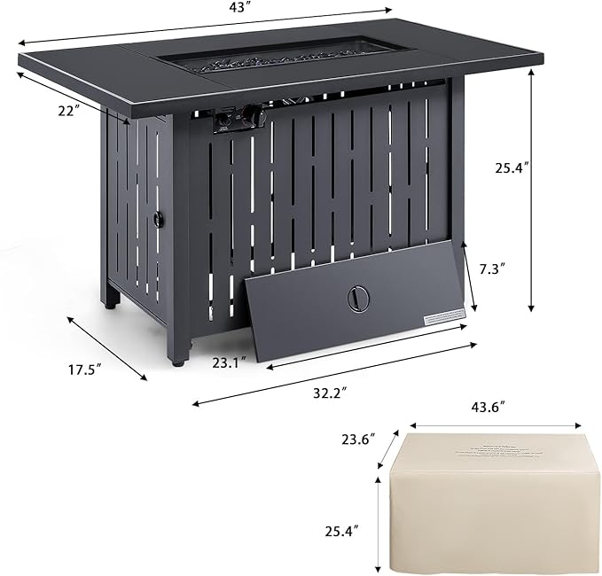 Devoko 43 inch Propane Gas Fire Pit Table Outdoor 50,000 BTU Auto lgnition Patio Propane Gas Firepit with Tempered Glass Desktop and Glass Stone, Black