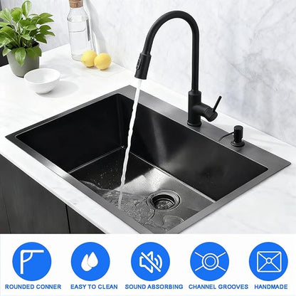 32 x 19 Inch Modern Drop In Kitchen Bar Sink, 304 Stainless Steel Black Single Bowl Topmount Sink, Nano Laundry RV Deep Workstation Sinks with Drain Strainer & Grid