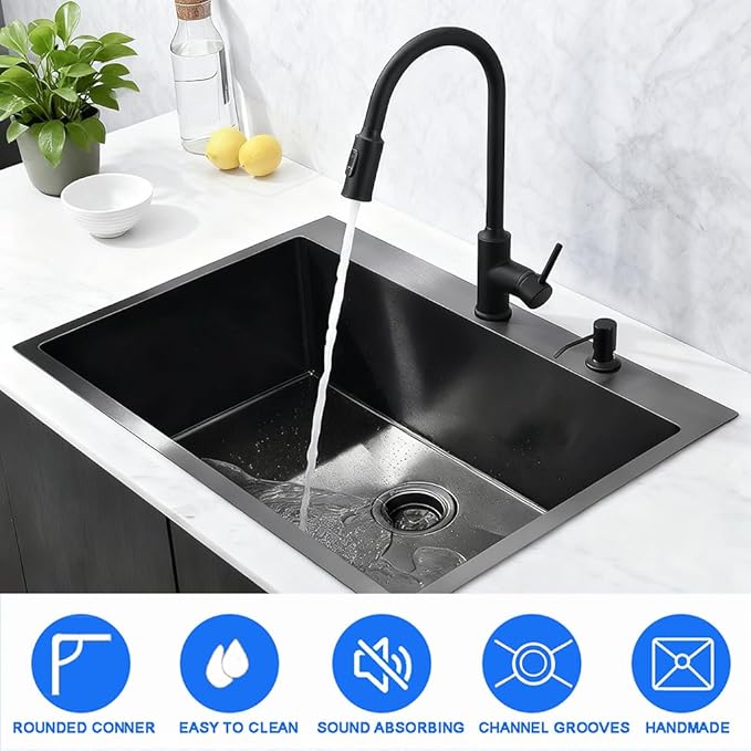 30 x 22 Inch Modern Drop In Kitchen Bar Sink, 304 Stainless Steel Black Single Bowl Topmount Sink, Nano Laundry RV Deep Workstation Sinks with Drain Strainer & Grid