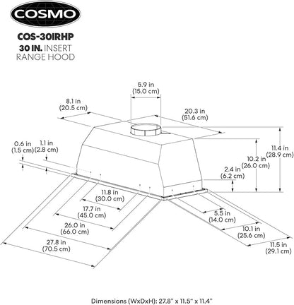 COSMO COS-30IRHP 30 in. Lumin Collection 380 CFM Ducted Insert Range Hood, Button Controls, LED Lights, Stainless Steel
