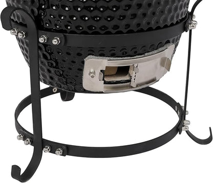 13in Round Smoking Furnace with Thermometer, Portable Ceramic Charcoal Grill with Stainless Steel Cooking Grate & Anti-scalding Wooden Handle, for Outdoor Backyard Cooking Grilling Camping(Black)
