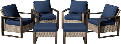Joyside Outdoor Patio Chairs, 6 Pieces Wicker Rattan Furniture Set, 4 Patio Chairs and 2 Ottoman, Metal Wide Armrest, Thick Cushions and Deep Seating for Garden, Backyard, Porch, Deck