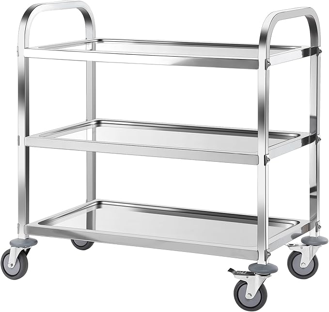 AQNIEGEP Stainless Steel Utility Cart, 3-Tier Heavy-Duty Kitchen Cart with Lockable Wheels, 400lbs Capacity for Restaurant, Lab, Office - Commercial Grade & Easy Assembly