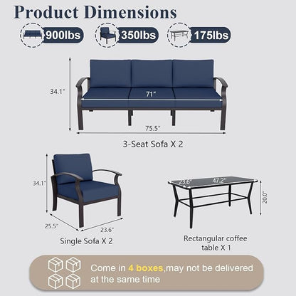 ALAULM Aluminum Patio Furniture Set with Coffee Table Rectangular, 8-seat Outdoor Sectional Furniture w/5.1" Cushions, Patio Conversation Set for Porch, Backyard, Poolside-Dark Blue
