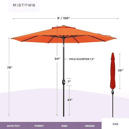 Midtown Umbrellas - 10-Year-No-Fade 9 Ft Patio Umbrella with Terylast Fabric, Auto-Tilt Aluminum Frame and 8 Reinforced Ribs for Deck, Pool, Garden & Beach - Tangerine Canopy, Black Pole