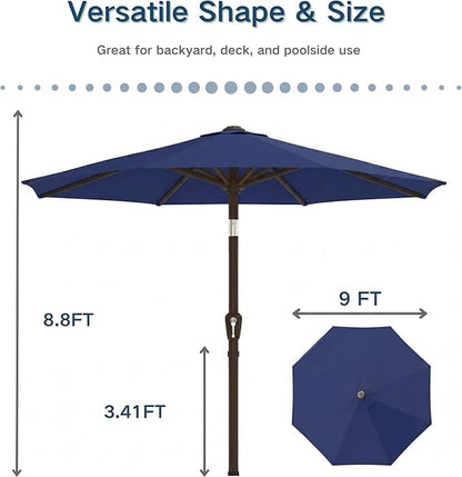 PatioKingdom 9FT Patio Outdoor Umbrella-UPF 50+ Sun Shade with Wind Vent, Push-Button Tilt & Smooth Crank Lift, Rust-Resistant Fiberglass Frame for Garden, Backyard,Yard (Navy)