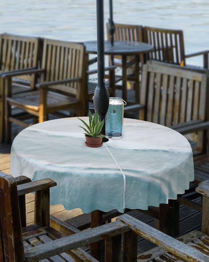 Summer Beach Outdoor Tablecloth - 60 Inch Round Dining Table Cover, Coastal Ocean Nautical Seaside Aqua Beige Waterproof Outdoor Table Cloth with Umbrella Hole & Zipper for Picnic/Patio/Party