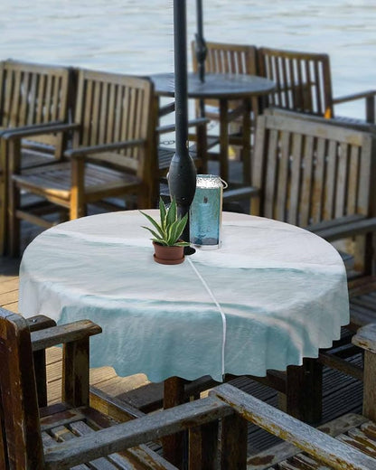 Summer Beach Outdoor Tablecloth - 60 Inch Round Dining Table Cover, Coastal Ocean Nautical Seaside Aqua Beige Waterproof Outdoor Table Cloth with Umbrella Hole & Zipper for Picnic/Patio/Party