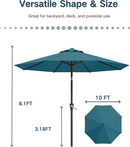 PatioKingdom 10FT Patio Umbrella with Push Button Tilt and Crank, Outdoor Market Umbrella with 8 Fiberglass Ribs, UV Protection Table Umbrella for Pool,Backyard,Garden,Deck
