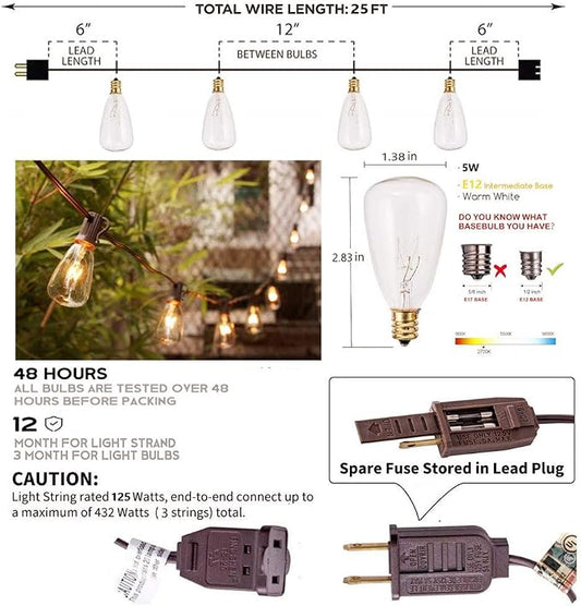 SUNSGNE 25FT Outdoor Edison Bulb String Lights with 27 Clear Edison Bulbs, ST35 Vintage String Lights for Patio, Garden, Backyard, Porch, Bistro Party Decoration, E12 Socket Base (Brown Wire)