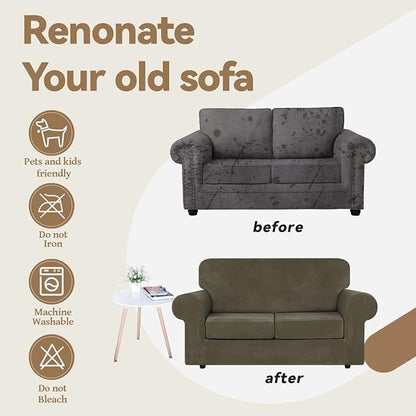 WEERRW Velvet Stretch 3 Pieces Couch Cover for Sofa Washable, Light Brown | Love Seat Couch Covers for 2 Cushion Couch Sofa Furniture Protector slipcoves with Elastic Bottom for Kids, Medium