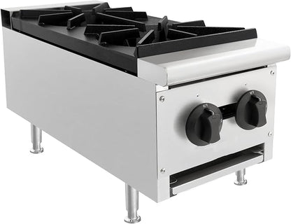 Commercial Gas Countertop Hot Plate Stove,Natural Propane Convertible Burner with Manual Control Valves,Standing Pilot Ignition,Cast Iron Grates,Adjustable Legs for Foodservice Prep (Silver,2 Burner)