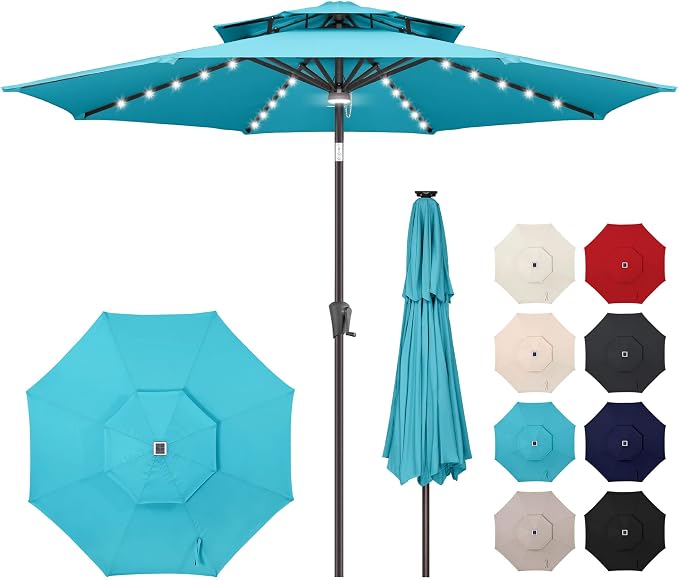 Solar Patio Umbrella Outdoor with Centre Light, 9 ft Aqua Blue | 2 Tiers, 40 LED Lights, UV Protection, Solar Outdoor Umbrella for Porch, Deck, Pool, Garden, Provides Evening Lighting