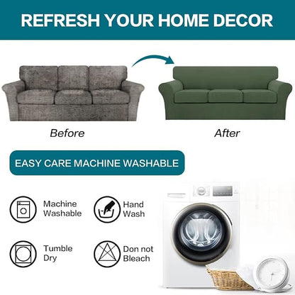 Turquoize 4 Piece Sofa Covers for 3 Cushion Couch Sofa Slipcover Soft Couch Cover for Dogs Washable Furniture Cover with 3 Individual Large Cushion Covers Feature Fabric (Large Sofa, Bronze Green)