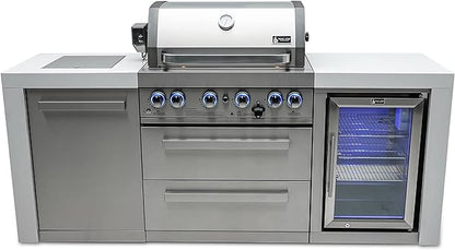 Mont Alpi Deluxe Series Stainless Steel 82"W x 23"D Modular Outdoor Kitchen Island + Side Burner + Refrigerator + 32"W 4-Burner BBQ Gas Grill + White Granite Countertops + Storage Cabinets & Drawers