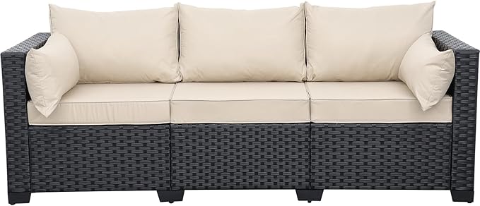 Rattaner Patio Furniture 3-seat Sofa Wicker Outdoor Furniture Outdoor Couch Deep Seat Hight Backrest Waterproof Cover Anti-Slip Cushions, Khaki