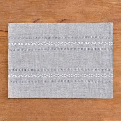 Wracra Cotton Linen Place Mats, Grey Embroidered Placemats Set of 6 | Placemats 12 x 18 Inch; Cotton Linen Woven Fabric; Heat Resistant Table Mats; Raised Embroidered Hollow Design