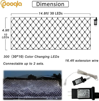 Pooqla Cool White Net Lights, 15x 5ft Christmas Lights Outdoor Clear Wire | 300 LED Large Net Mesh Lights Plug in, 8 Modes Waterproof Connectable Bushes Lights for Christmas Hedge Yard Decor