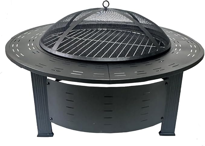 4-in-1 Outdoor Dining Table, Portable Round Stove, Heavy-Duty Round Barbecue Stove with Spark Cover and Log Poker & PVC Cover, Table Smokeless Charcoal Rack, Cooking Tea, Full Set of Heating Brazier