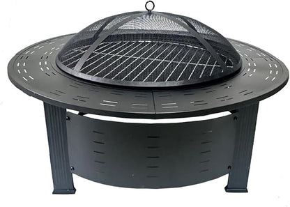 4-in-1 Outdoor Dining Table, Portable Round Stove, Heavy-Duty Round Barbecue Stove with Spark Cover and Log Poker & PVC Cover, Table Smokeless Charcoal Rack, Cooking Tea, Full Set of Heating Brazier