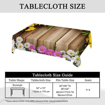 Swono Daisy Flowers Tablecloth Rustic Wooden Colorful Blossom Daisy Rectangle Table Cloth Washable Plaid Table Cover for Kitchen Holiday Dinner, 52x 70 Inch Tablecloth