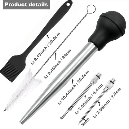 Turkey Baster, Stainless Steel Turkey Baster Silicone Bulb with 2 Marinade Injector Needles and 2 Brush for Cooking Easy Clean and Dishwasher Safe Color Orange