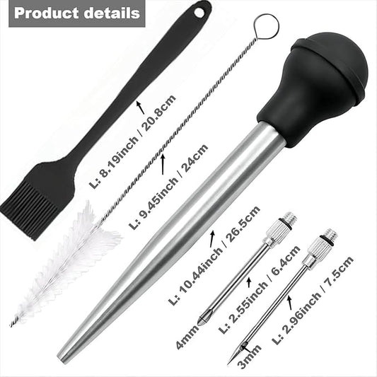 Turkey Baster, Stainless Steel Turkey Baster Silicone Bulb with 2 Marinade Injector Needles and 2 Brush for Cooking Easy Clean and Dishwasher Safe Color Orange