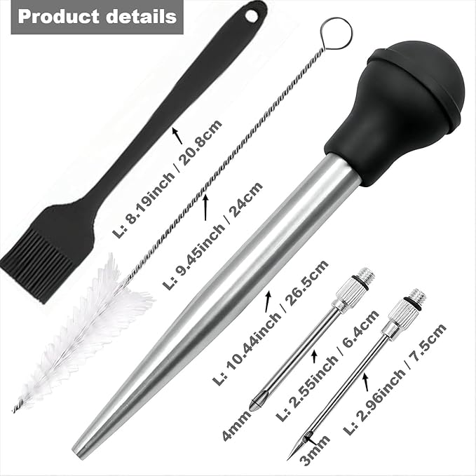 Turkey Baster, Stainless Steel Turkey Baster Silicone Bulb with 2 Marinade Injector Needles and 2 Brush for Cooking Easy Clean and Dishwasher Safe Color Grey
