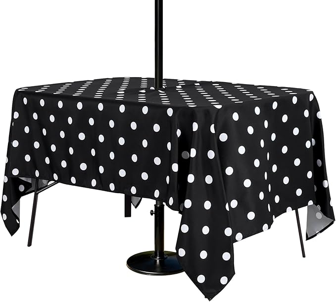Poise3EHome Rectangle Outdoor Tablecloth with Umbrella Hole and Zipper,Black Dot 84x60 Inch,Polyester SpillProof Washable Table Cloth for Spring Summer Patio Garden Poolside Picnic Camping BBQS