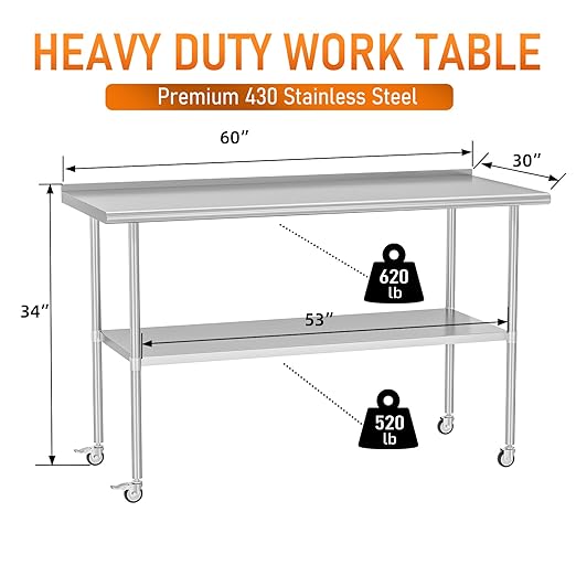 Stainless Steel Prep Table 30" X 60" with Adjustable Undershelf, Backsplash and Wheels, Commercial Metal Workstations for Kitchen, Garage, Home and Hotel