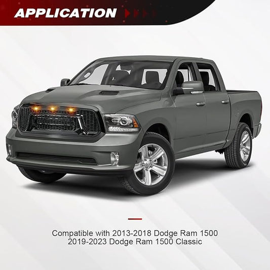 Glossy Black Front Grille Compatible with 2013-2018 Dodge Ram 1500, 2019-2023 Ram 1500 Classic, with Amber Lights (NO "RAM" LETTER)